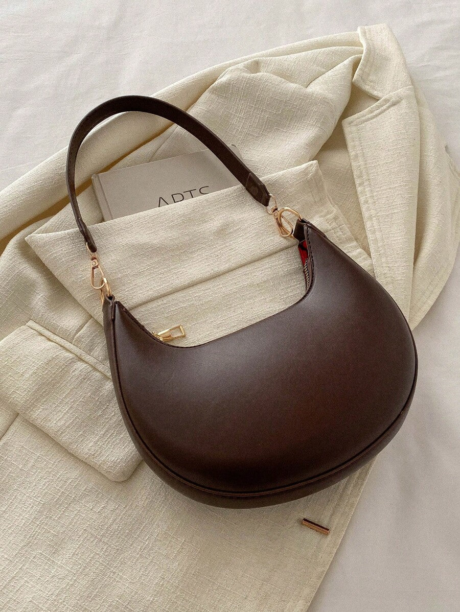 Women's Crescent Shoulder Bag, Faux Leather Half Moon Purse with Gold Hardware