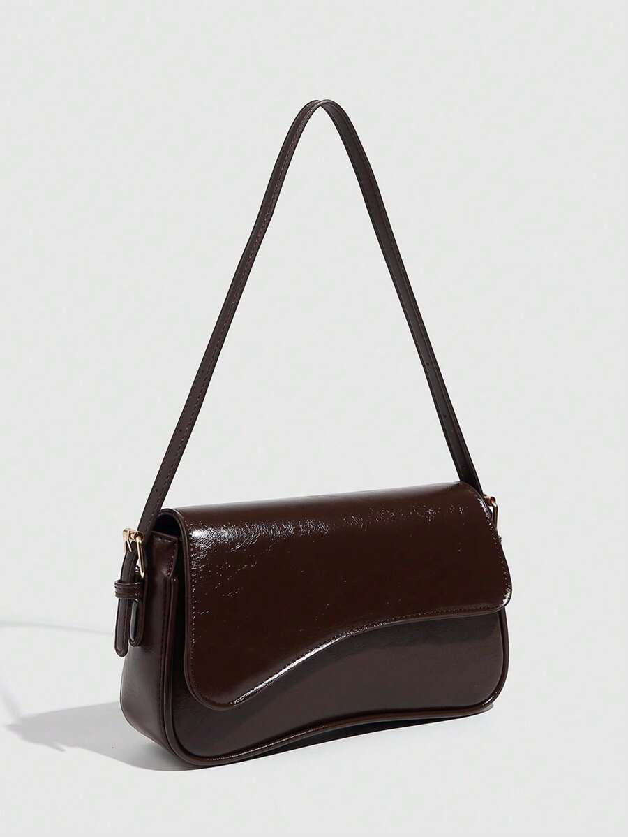 Riga Patent Faux Leather Flap Shoulder Bag - Coffee Brown
