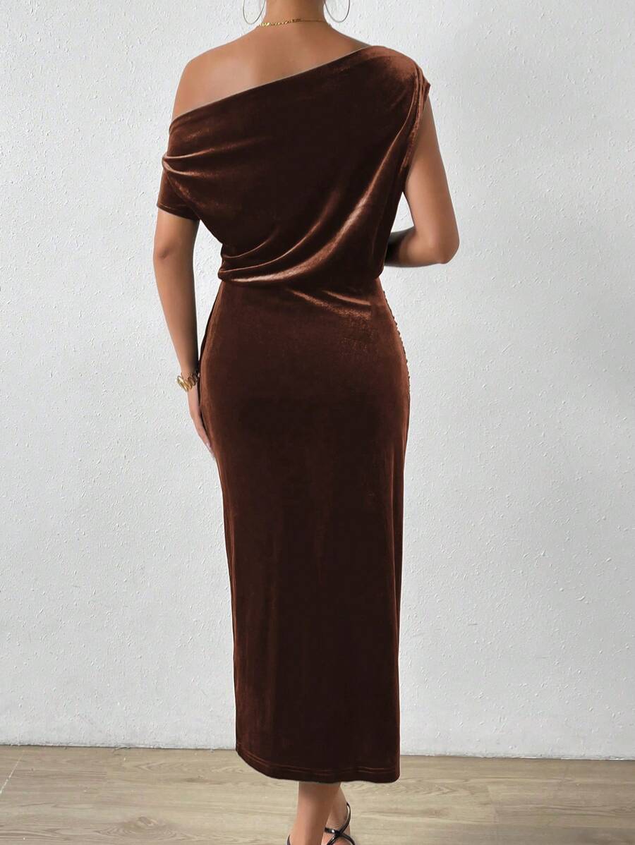 Women's Velvet Wrap Midi Dress, Asymmetric Neck Long Sleeve Dress for Holiday Party - Dark Green