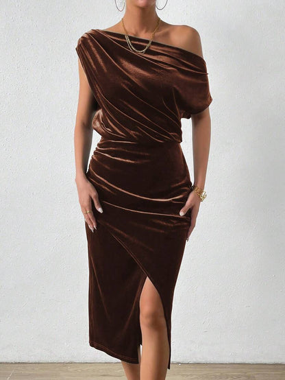 Women's Velvet Wrap Midi Dress, Asymmetric Neck Long Sleeve Dress for Holiday Party - Black
