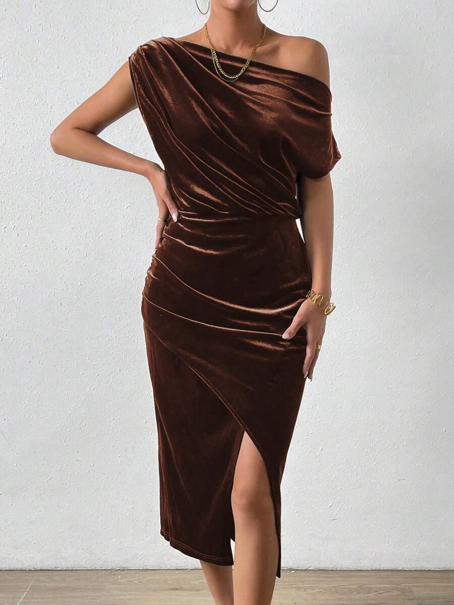 Women's Velvet Wrap Midi Dress, Asymmetric Neck Long Sleeve Dress for Holiday Party - Dark Green