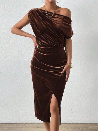 Women's Velvet Wrap Midi Dress, Asymmetric Neck Long Sleeve Dress for Holiday Party - Dark Green