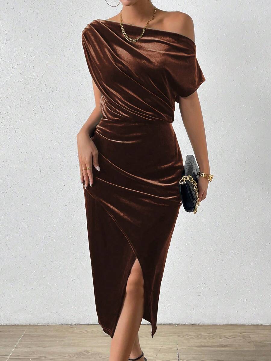 Women's Velvet Wrap Midi Dress, Asymmetric Neck Long Sleeve Dress for Holiday Party - Mocha Brown
