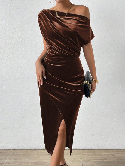Women's Velvet Wrap Midi Dress, Asymmetric Neck Long Sleeve Dress for Holiday Party - Mocha Brown