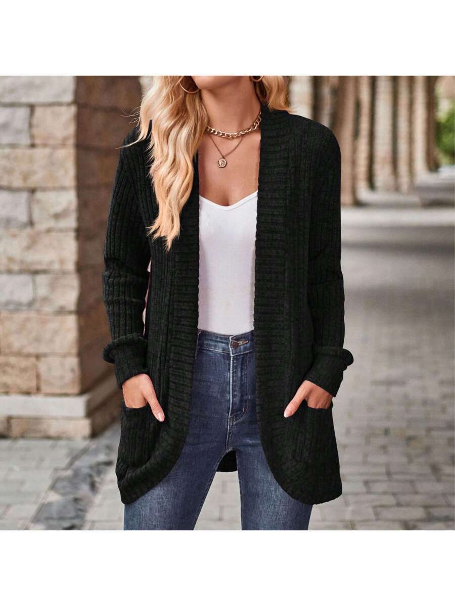 Rosamund Open Front Longline Knit Cardigan with Pockets - Black