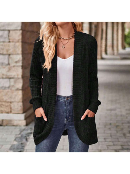 Rosamund Open Front Longline Knit Cardigan with Pockets - Black