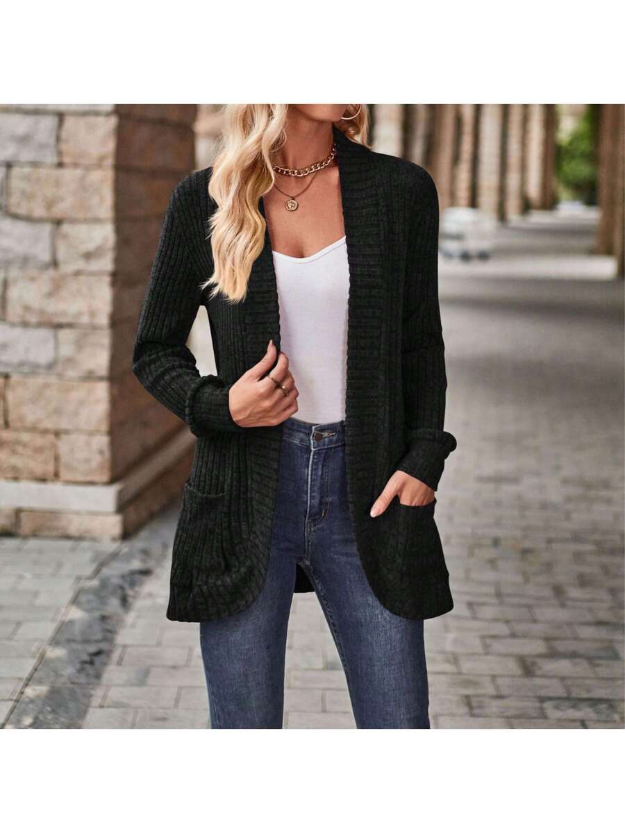 Rosamund Open Front Longline Knit Cardigan with Pockets - Black