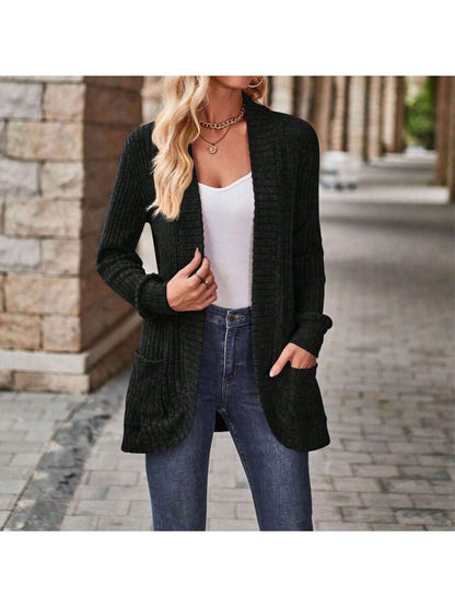 Rosamund Open Front Longline Knit Cardigan with Pockets - Black