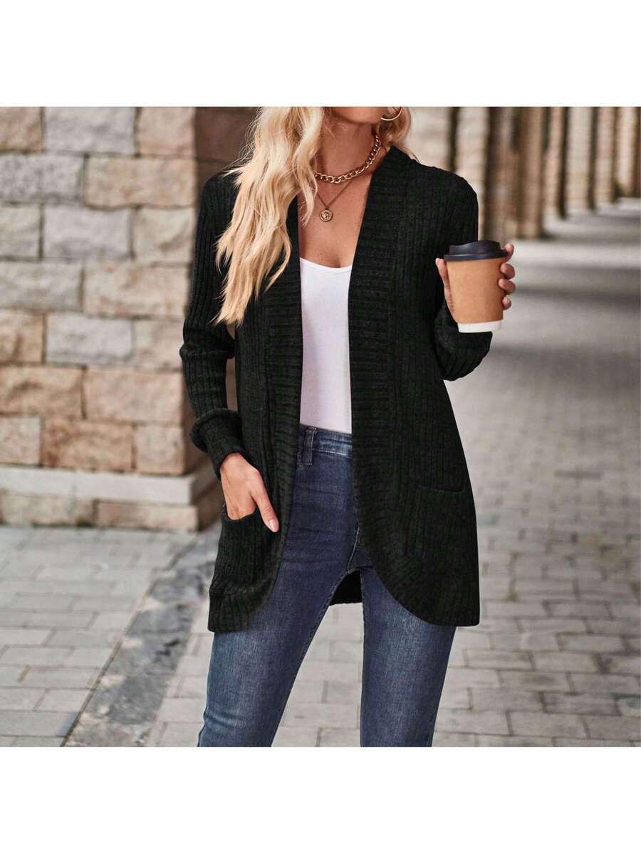 Rosamund Open Front Longline Knit Cardigan with Pockets - Black