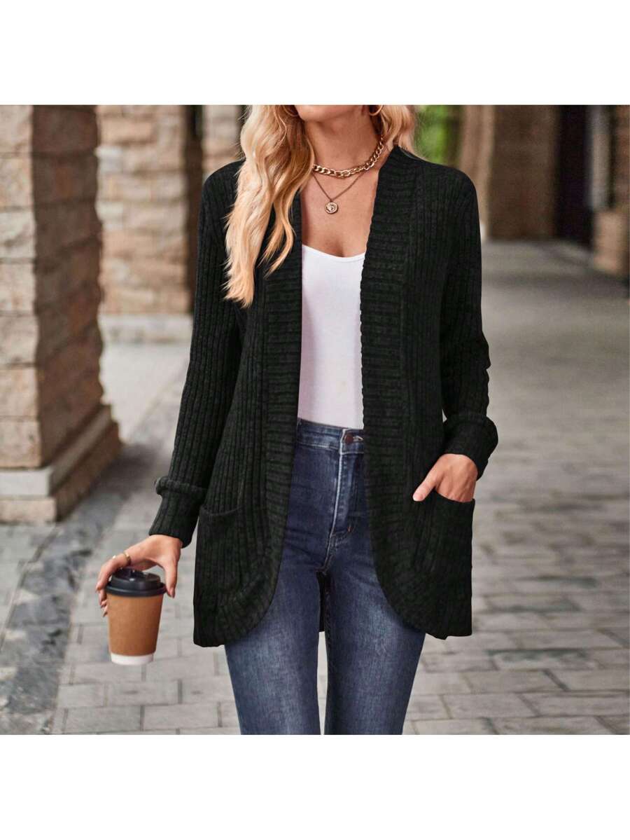 Rosamund Open Front Longline Knit Cardigan with Pockets - Black