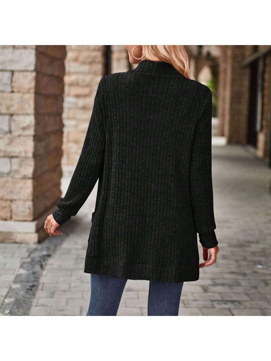 Rosamund Open Front Longline Knit Cardigan with Pockets - Black