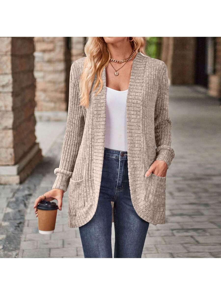 Rosamund Open Front Longline Knit Cardigan with Pockets - Khaki