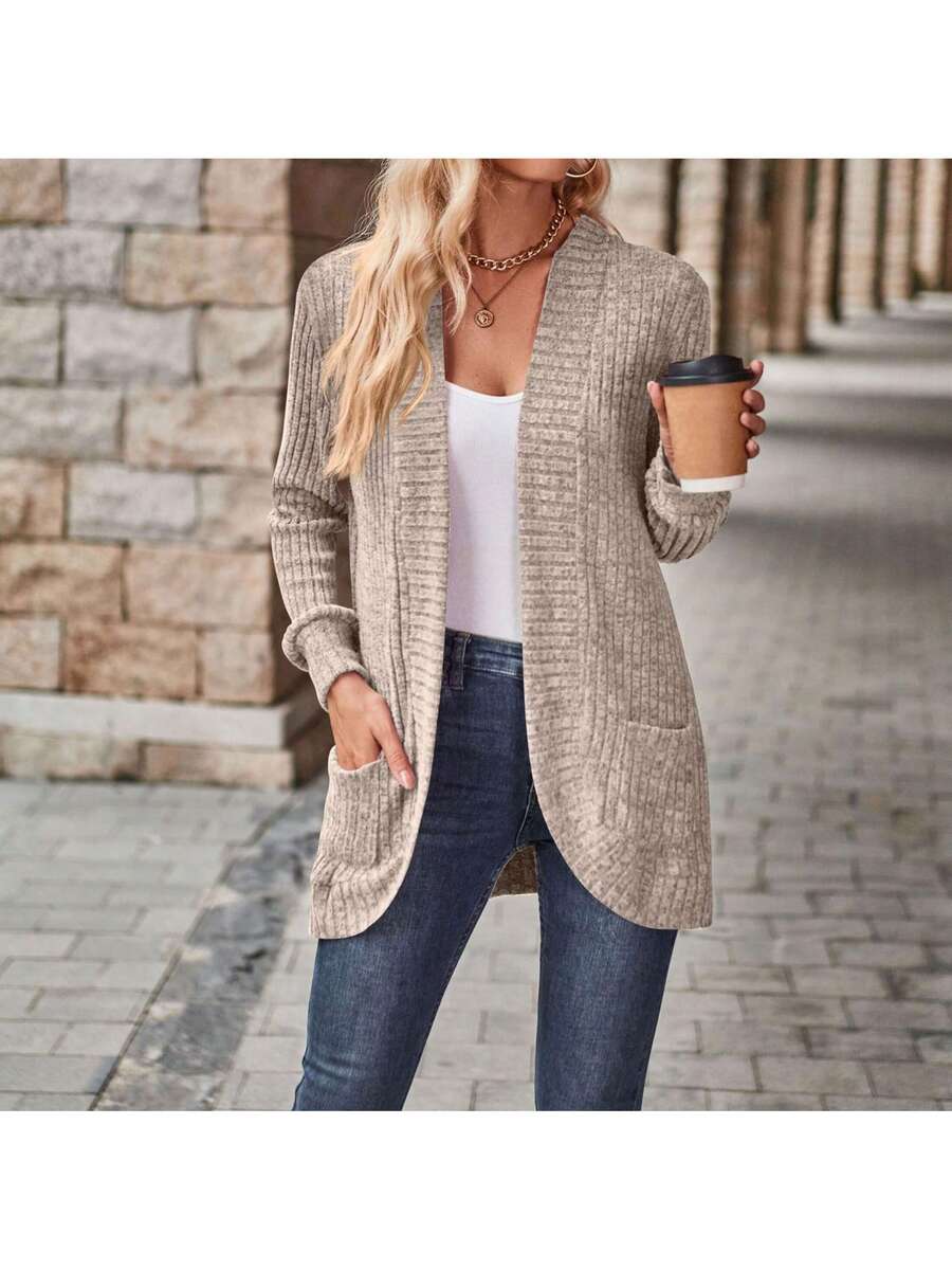 Rosamund Open Front Longline Knit Cardigan with Pockets - Khaki