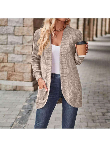 Rosamund Open Front Longline Knit Cardigan with Pockets - Khaki