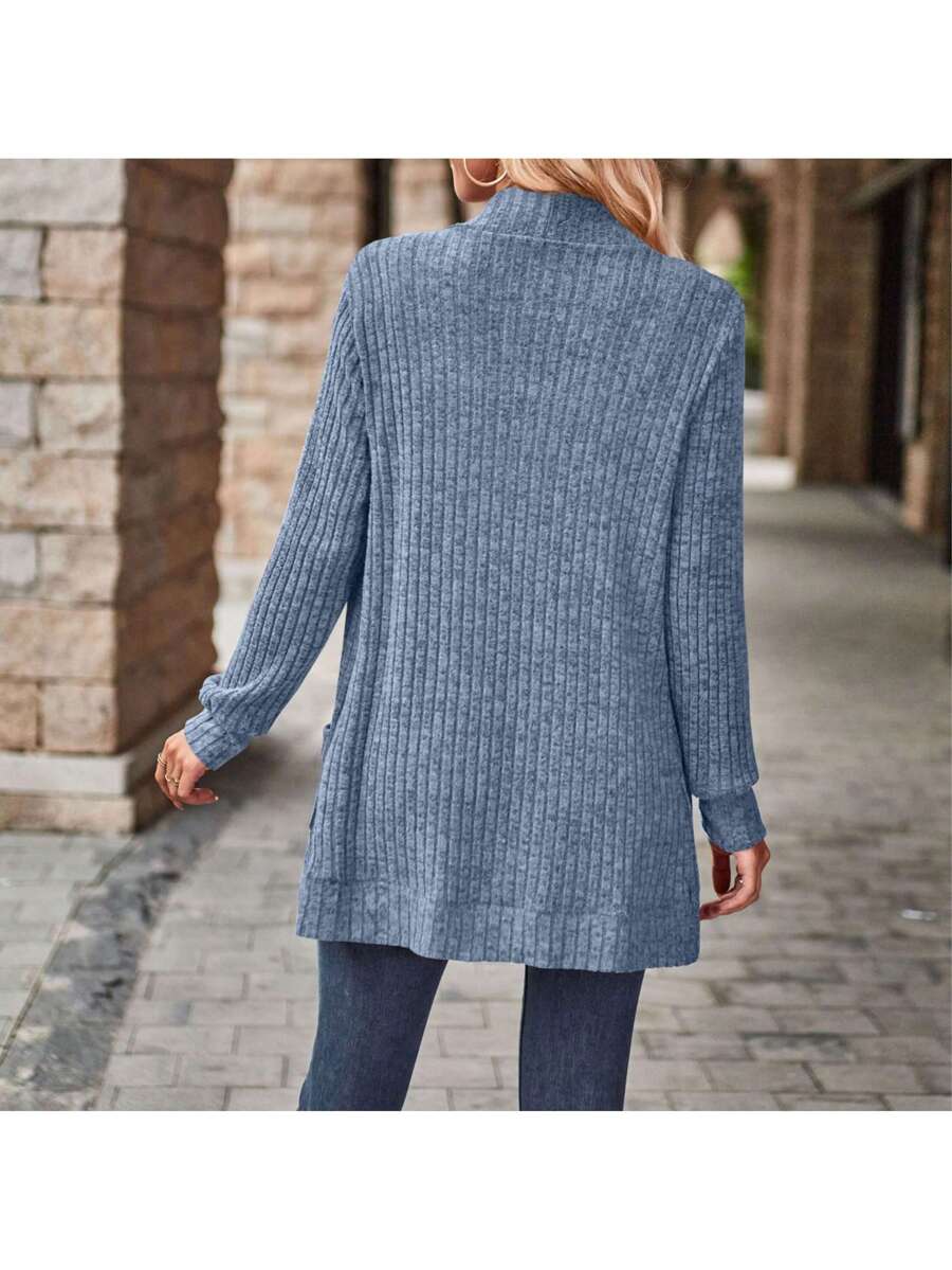 Rosamund Open Front Longline Knit Cardigan with Pockets - Dusty Blue