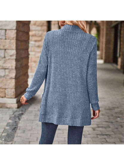 Rosamund Open Front Longline Knit Cardigan with Pockets - Dusty Blue