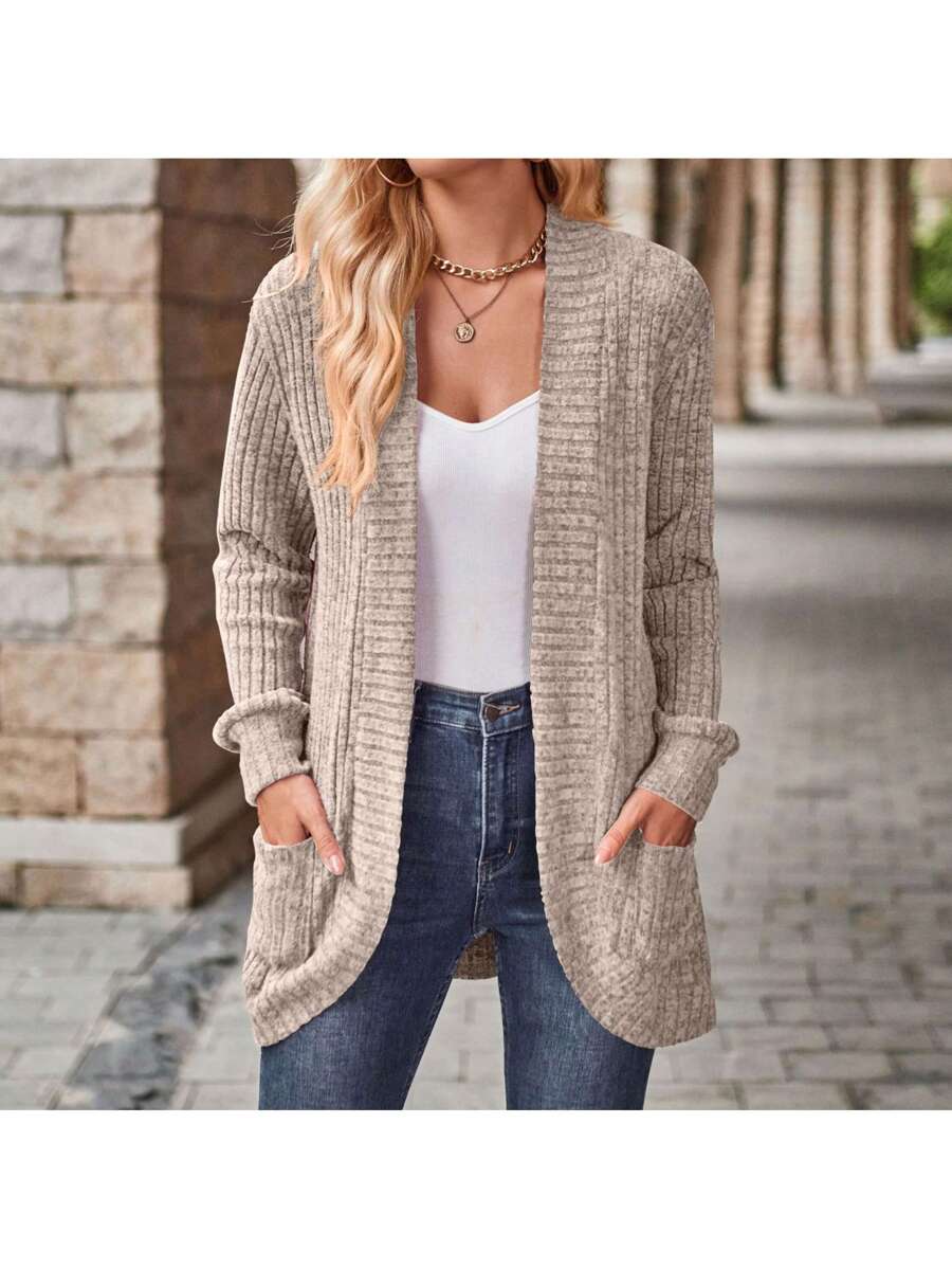Rosamund Open Front Longline Knit Cardigan with Pockets - Khaki