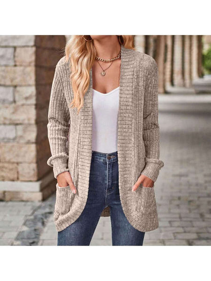 Rosamund Open Front Longline Knit Cardigan with Pockets - Khaki