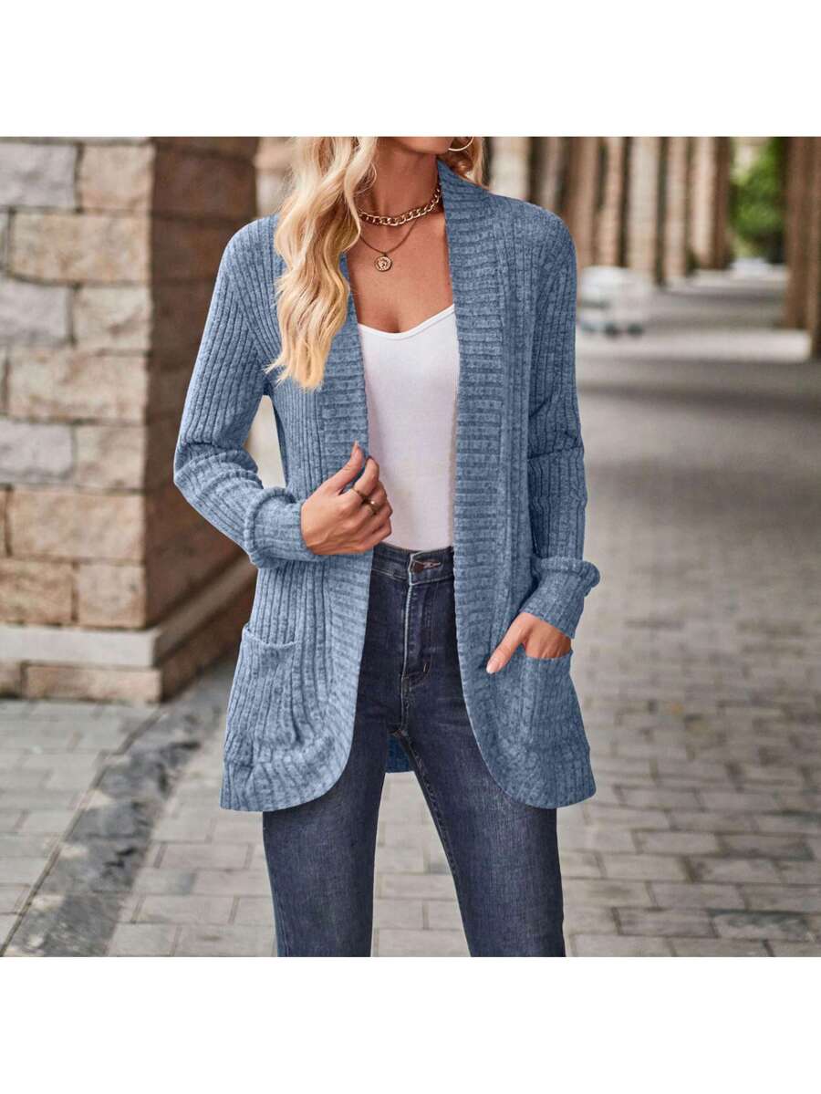 Rosamund Open Front Longline Knit Cardigan with Pockets - Dusty Blue