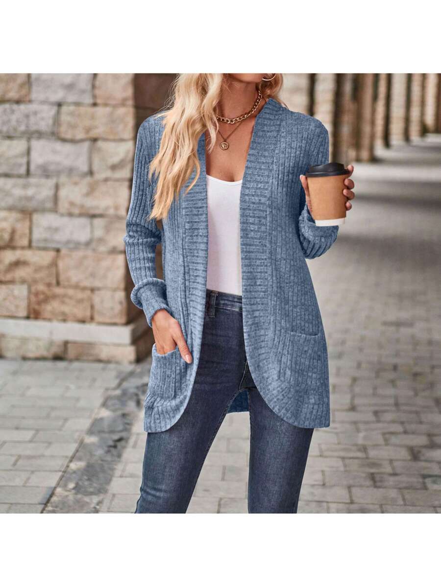 Rosamund Open Front Longline Knit Cardigan with Pockets - Dusty Blue
