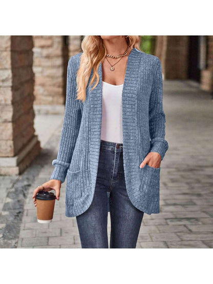 Rosamund Open Front Longline Knit Cardigan with Pockets - Dusty Blue