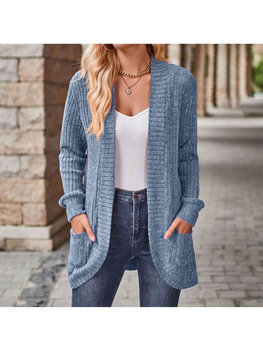 Rosamund Open Front Longline Knit Cardigan with Pockets - Dusty Blue