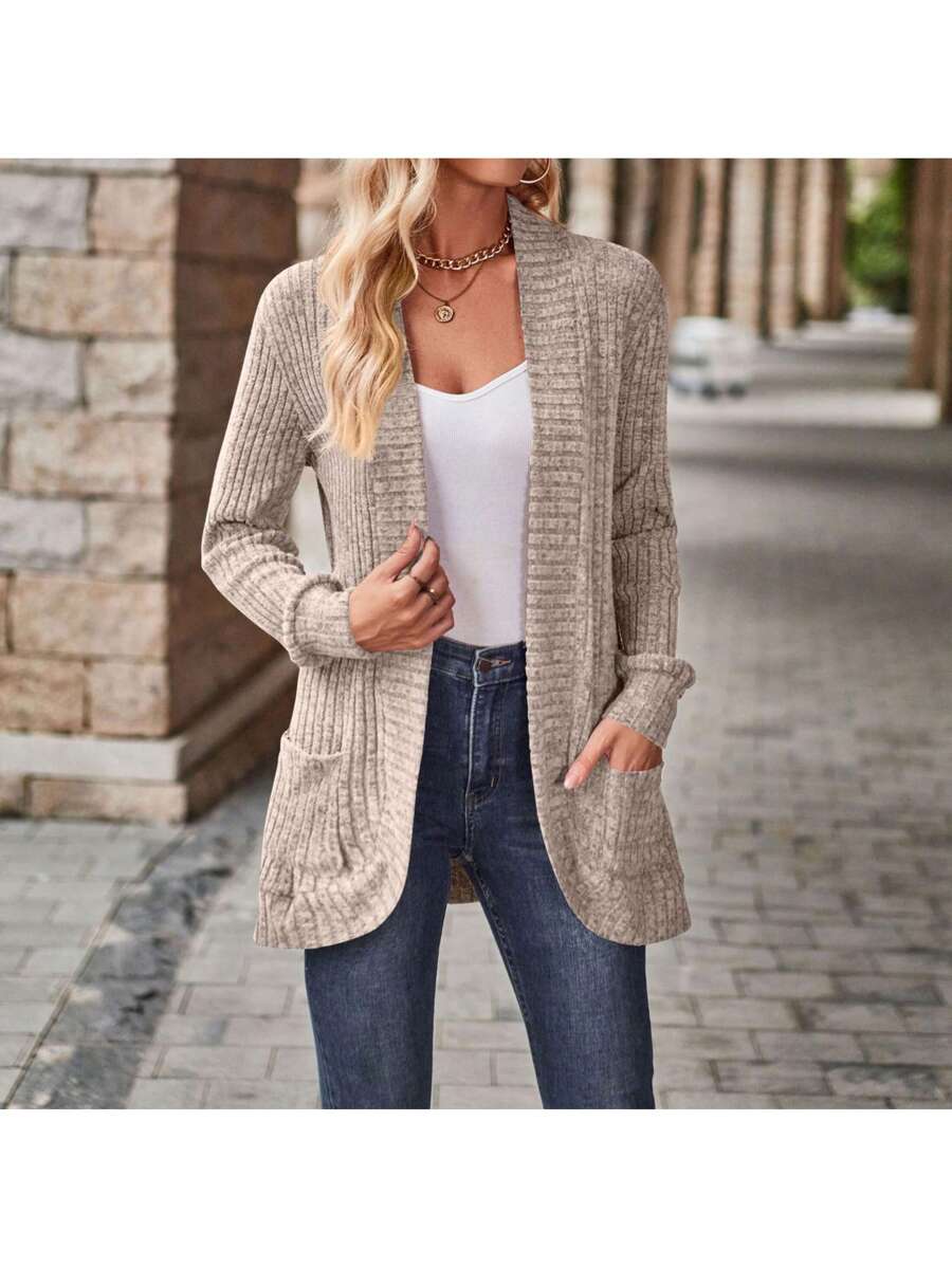Rosamund Open Front Longline Knit Cardigan with Pockets - Khaki
