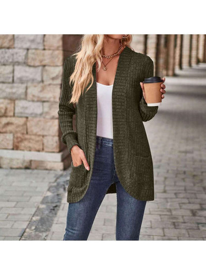 Rosamund Open Front Longline Knit Cardigan with Pockets - Olive Green