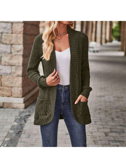 Rosamund Open Front Longline Knit Cardigan with Pockets - Olive Green
