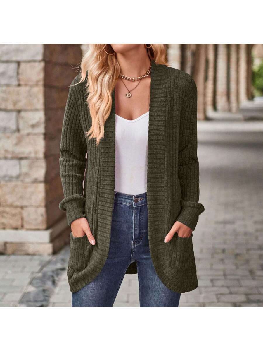Rosamund Open Front Longline Knit Cardigan with Pockets - Olive Green