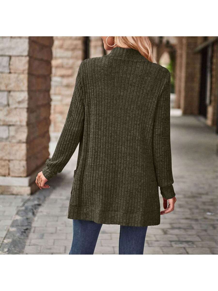 Rosamund Open Front Longline Knit Cardigan with Pockets - Olive Green
