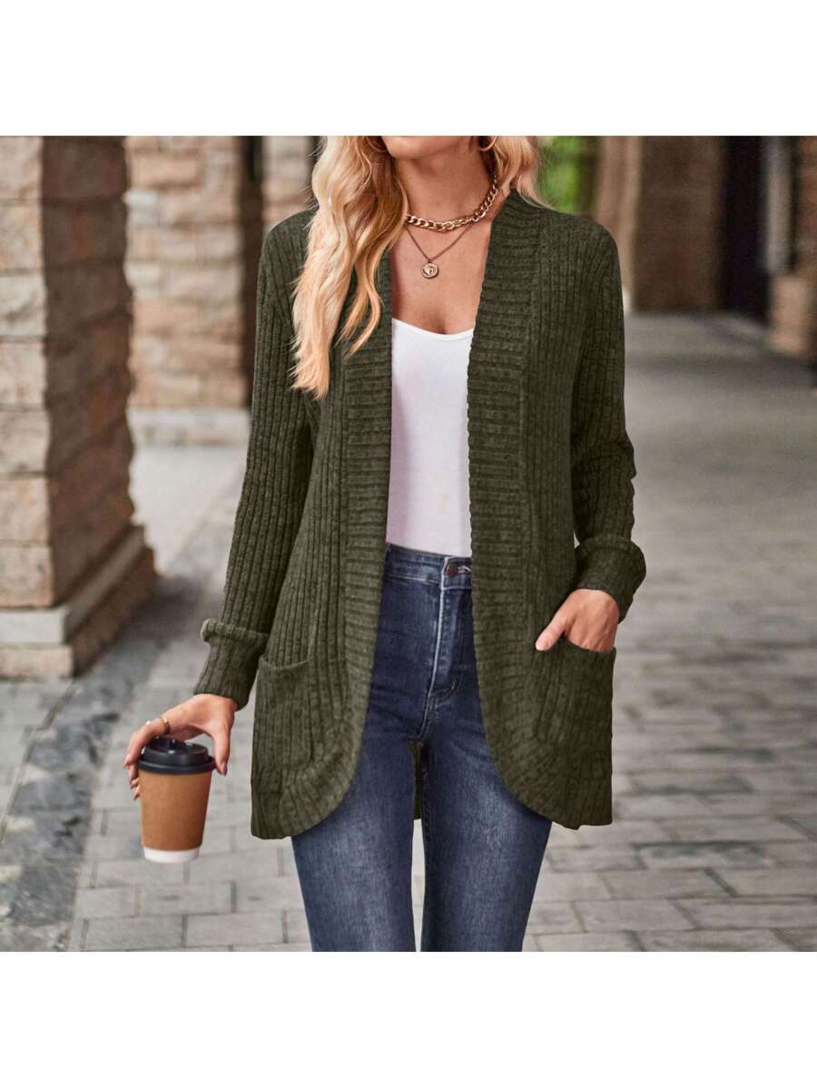 Rosamund Open Front Longline Knit Cardigan with Pockets - Olive Green