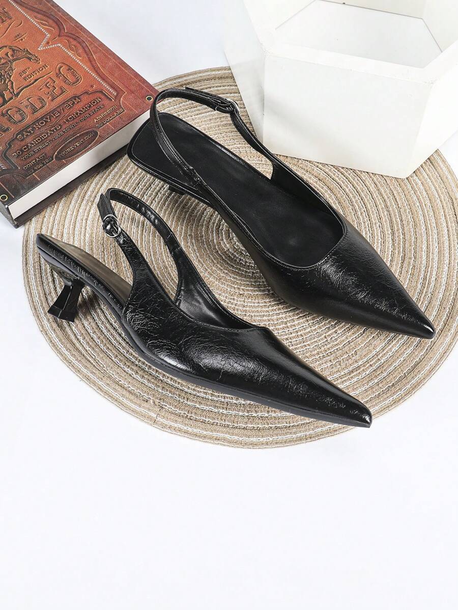 Women's Pointed Toe Slingback Mid Heel Pumps, Glossy Faux Leather Buckle Strap Kitten Heels for Work