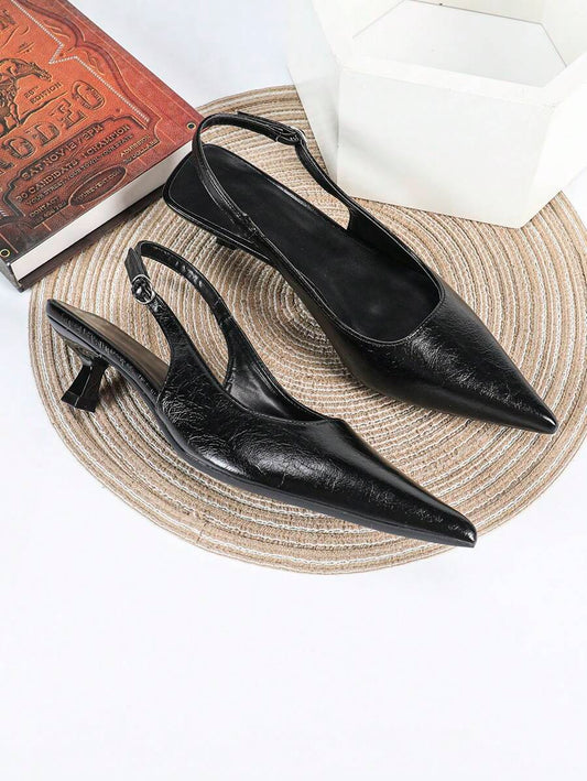Women's Pointed Toe Slingback Mid Heel Pumps, Glossy Faux Leather Buckle Strap Kitten Heels for Work