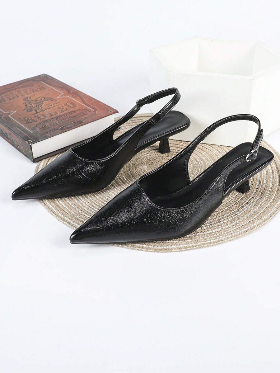 Women's Pointed Toe Slingback Mid Heel Pumps, Glossy Faux Leather Buckle Strap Kitten Heels for Work