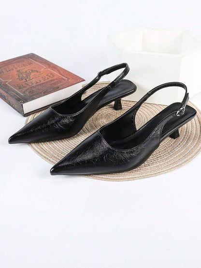 Women's Pointed Toe Slingback Mid Heel Pumps, Glossy Faux Leather Buckle Strap Kitten Heels for Work