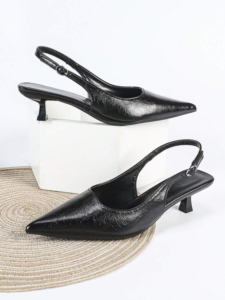 Women's Pointed Toe Slingback Mid Heel Pumps, Glossy Faux Leather Buckle Strap Kitten Heels for Work