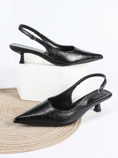 Women's Pointed Toe Slingback Mid Heel Pumps, Glossy Faux Leather Buckle Strap Kitten Heels for Work
