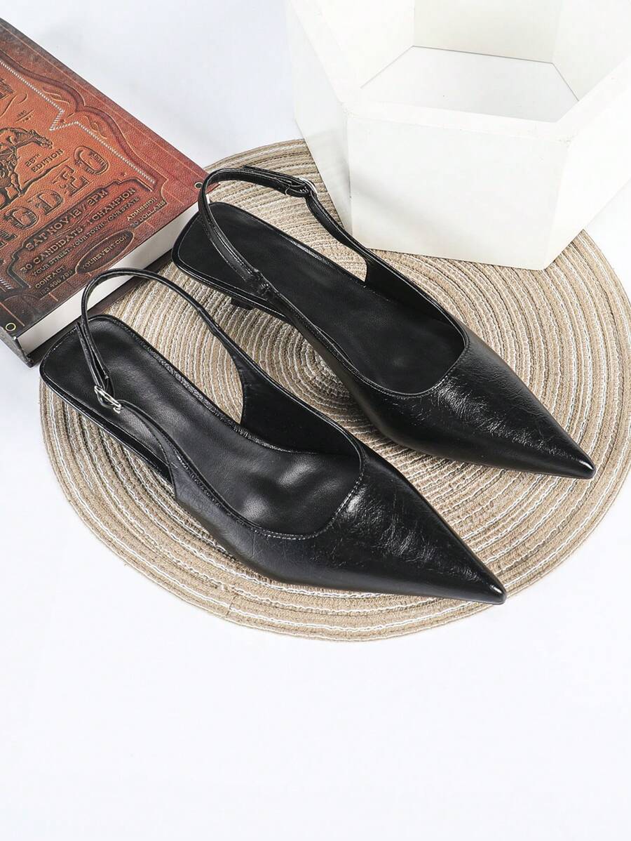 Women's Pointed Toe Slingback Mid Heel Pumps, Glossy Faux Leather Buckle Strap Kitten Heels for Work