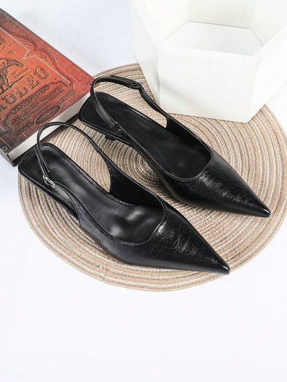 Women's Pointed Toe Slingback Mid Heel Pumps, Glossy Faux Leather Buckle Strap Kitten Heels for Work