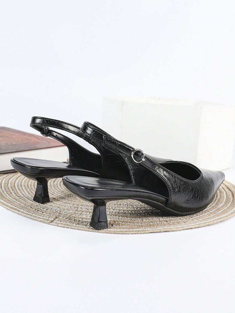 Women's Pointed Toe Slingback Mid Heel Pumps, Glossy Faux Leather Buckle Strap Kitten Heels for Work