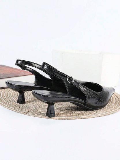Women's Pointed Toe Slingback Mid Heel Pumps, Glossy Faux Leather Buckle Strap Kitten Heels for Work