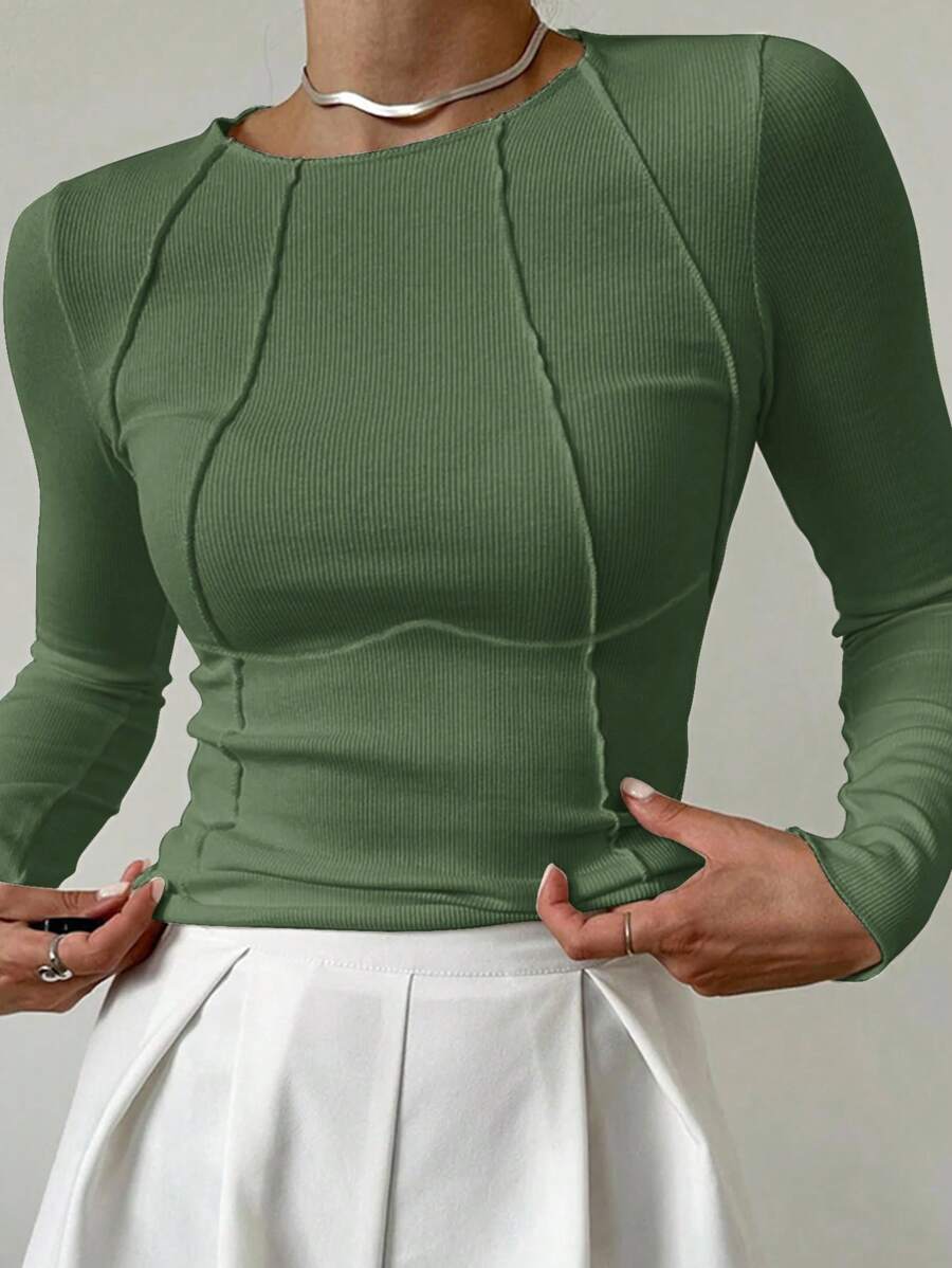Evelina Seam Detail Ribbed Slim Fit Long Sleeve Knit Top - Army Green