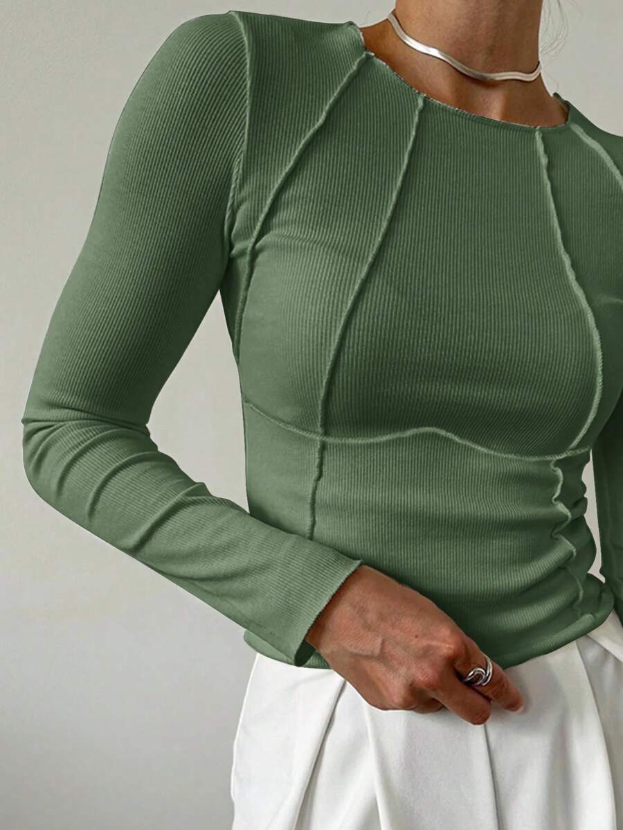 Evelina Seam Detail Ribbed Slim Fit Long Sleeve Knit Top - Army Green