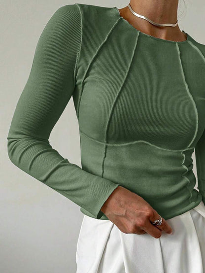 Evelina Seam Detail Ribbed Slim Fit Long Sleeve Knit Top - Army Green