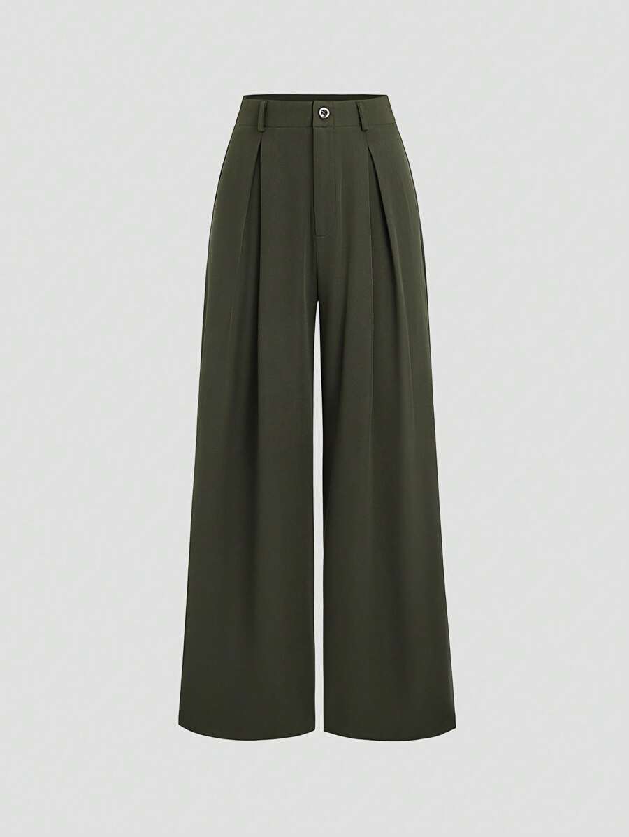 Katya Pleated Wide Leg Pants Tailored High Rise Trousers - Olive