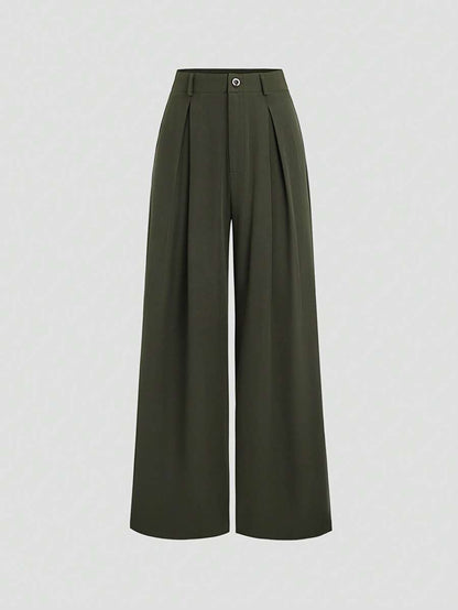 Katya Pleated Wide Leg Pants Tailored High Rise Trousers - Olive