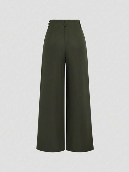 Katya Pleated Wide Leg Pants Tailored High Rise Trousers - Olive