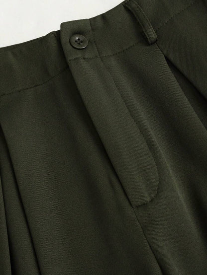 Katya Pleated Wide Leg Pants Tailored High Rise Trousers - Olive