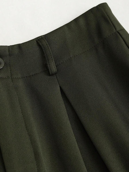 Katya Pleated Wide Leg Pants Tailored High Rise Trousers - Olive